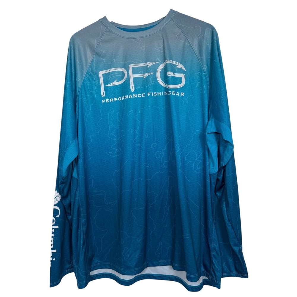 Columbia PFG Mens XXL Blue Topo Print Long Sleeve Omni-Shade Fishing Shirt